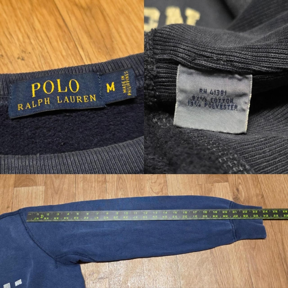 Polo Ralph Lauren Sweatshirt Medium Blue Crewneck Bulldog Distressed Faded - Picture 5 of 8